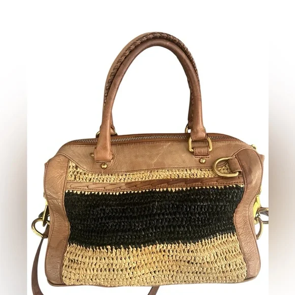 Rebecca Minkoff Straw & Leather Satchel Bag • Tan Black Raffia - Picture 2 of 7